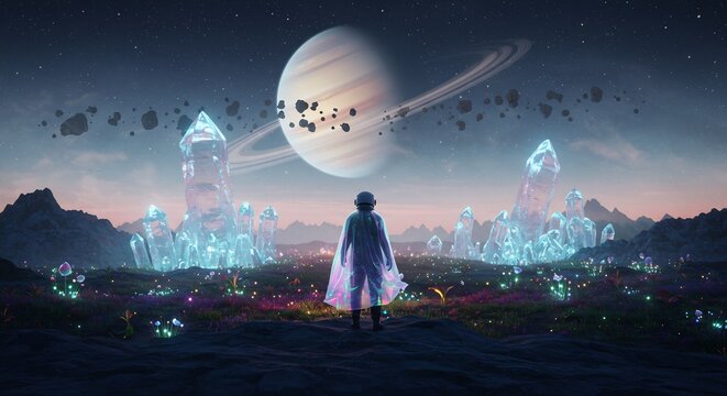An Astronaut Contemplates the Alien Landscape of a Crystal Planet Under a Ringed Gas Giant with Glowing Flora and Floating Asteroids in a Sci-Fi Surrealist Scene