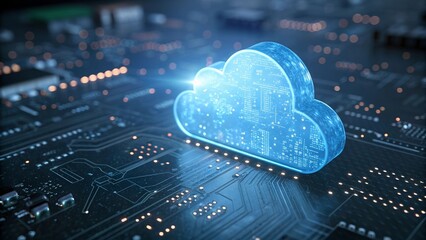 A digital cloud on a circuit board represents cloud computing and data storage