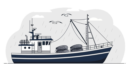 Fototapeta premium Maritime Vessel Engaged In Commercial Fishing Amidst Calm Seas And Overflying Birds