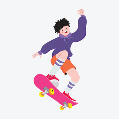 Happy boy cartoon doing skateboard trick wearing hoodie shorts and sneakers on white background perfect for extreme sports visuals urban lifestyle designs and playful art themes.