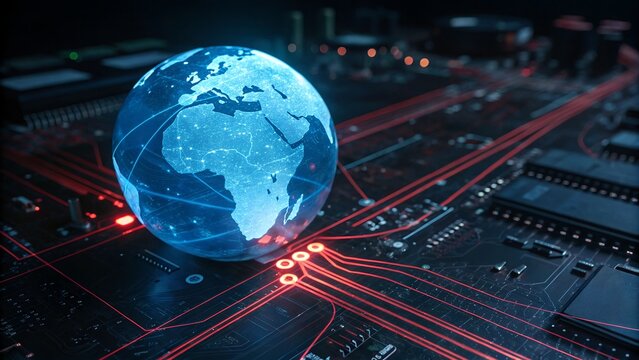A glowing globe on a circuit board symbolizes global technology and connectivity - Powered by Adobe