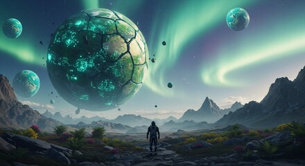 Astronaut's Encounter: Surreal Sci-Fi Landscape with Techno-Planet and Aurora Borealis, Exploring Alien Worlds