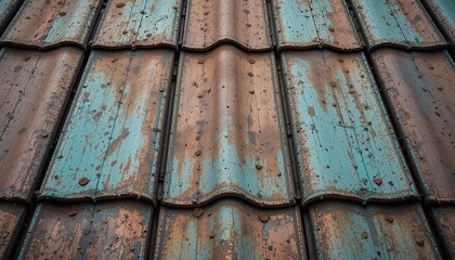 Copper roof panels with natural oxidation, patina details, ultra sharp.