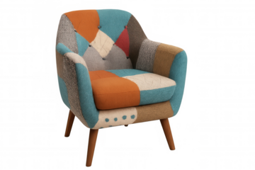 Colorful patchwork armchair with wooden legs isolated on transparent background, perfect for interior design projects