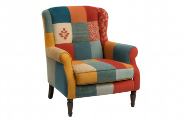 Comfortable patchwork armchair with transparent background, showcasing a vibrant and eclectic design