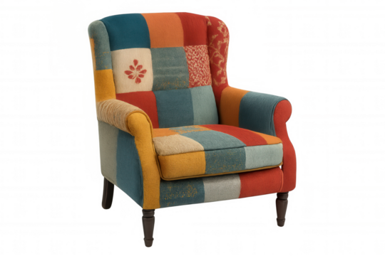 Comfortable patchwork armchair with transparent background, showcasing a vibrant and eclectic design