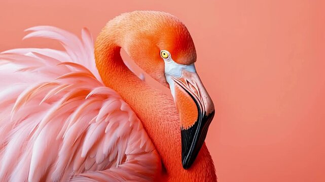 A close-up shot of a vibrant flamingo with its elegant, curved neck and delicate feathers, basking in the softness of the natural light and a serene atmosphere. 