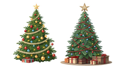 two decorated christmas tree with gifts isolated on transparent background