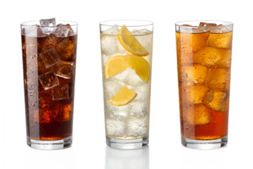 Refreshing drinks with ice, lemon and soda water