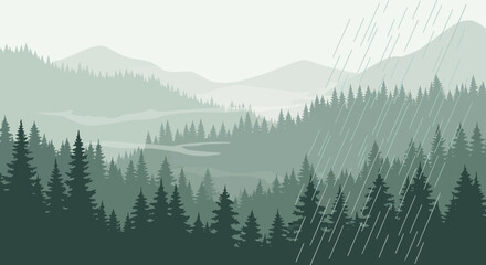 Fototapeta premium Misty Mountain Landscape With Evergreen Forests During A Rainfall Season