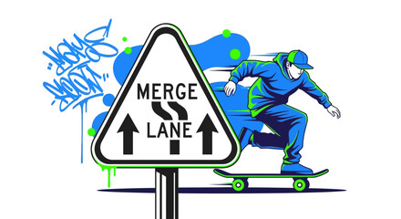 Fototapeta premium Merge Lane Sign And Skateboarder Captures Urban Street Style With Vibrant Colors