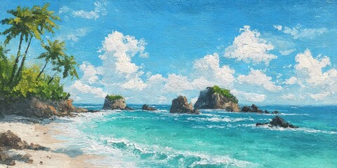 Tropical beach scene with palm trees, rocky coastline, turquoise water, and a vibrant sky