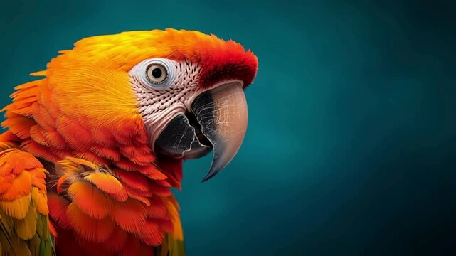 A captivating close-up captures the exquisite details of a vibrant parrot, showcasing the bird's radiant plumage against a rich, turquoise backdrop. A parrot with a keen gaze, and a strong beak.