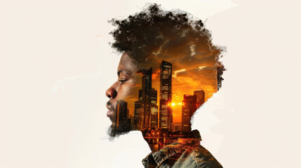 Profile silhouette of man with curly hair, featuring double exposure effect that blends city skyline at sunset into his hair. image conveys sense of introspection and connection to urban life