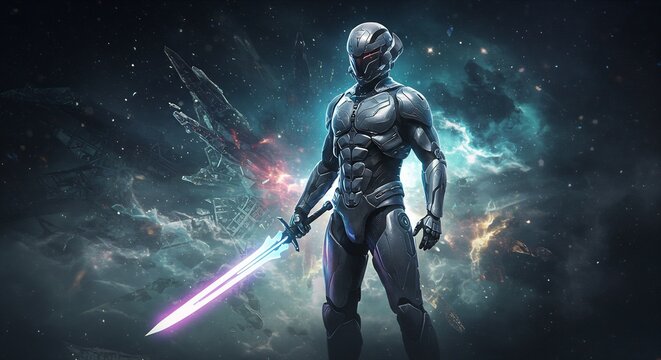 Futuristic Space Warrior with Glowing Sword in Cosmic Nebula and Interstellar Battlefield Environment