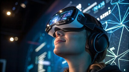 A woman wearing vr headset experiencing virtual reality with digital technology