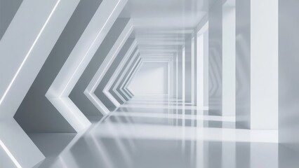 Fototapeta premium Modern minimalist corridor with sleek white walls and reflective floor