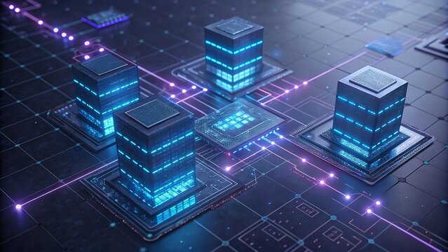 Futuristic server racks with glowing connections representing data flow and processing
