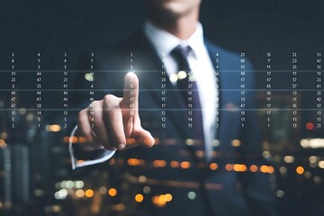 Man in suit touching glowing digital financial data grid with city lights background business