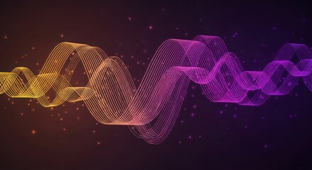 Fototapeta premium Abstract wavy lines flowing from yellow to purple on a dark background with scattered particles.