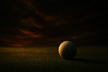 Golf ball on dark green under stormy evening sky. Use for dramatic sports ads, golf tournaments, premium brand campaigns, and lifestyle marketing.
