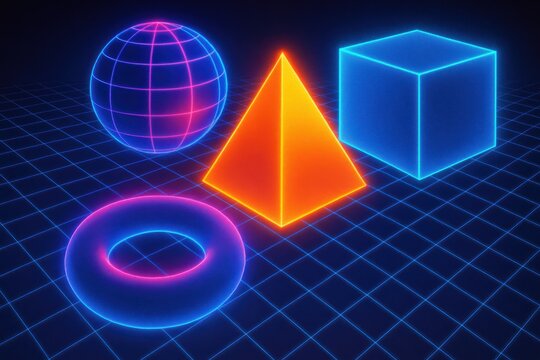 Futuristic neon shapes on cyber grid. Use for creative branding, digital marketing, virtual reality, and technology promotions.
