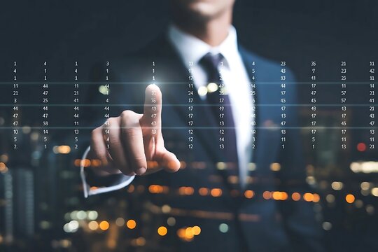 Man in suit touching glowing digital financial data grid with city lights background business
