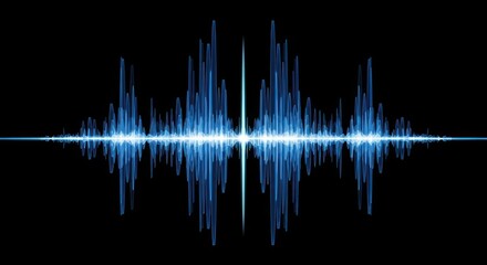 A vibrant blue sound wave graphic against a stark black background, representing audio.