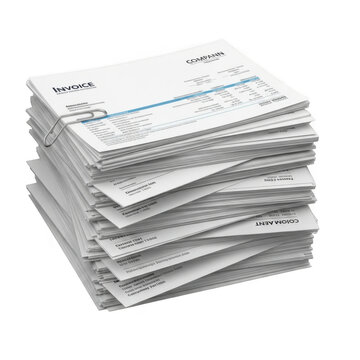 Illustration of stack of invoices and financial documents with paper clip isolated on transparent background