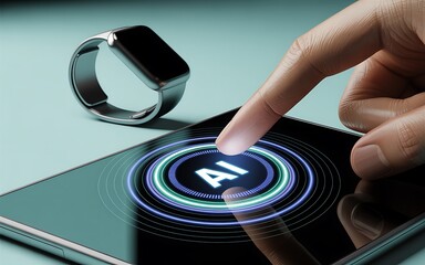 Finger pressing ai button on smartphone with smartwatch nearby isolated on transparent background