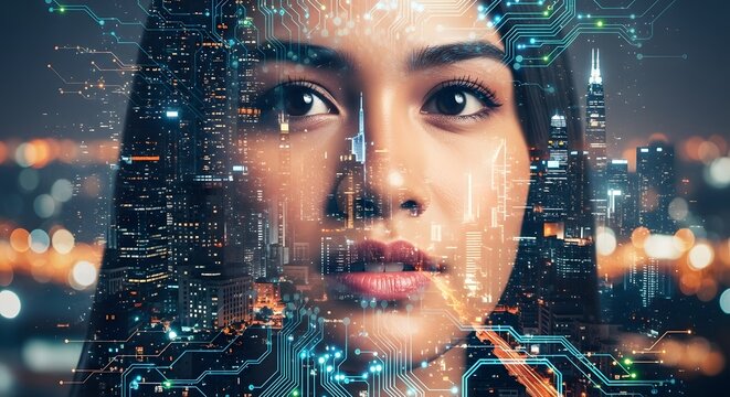 Futuristic portrait blending technology with cityscape imagery for a modern feel, AI-driven portrait with circuits and a vibrant night cityscape background