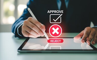 Naklejka premium Person using stylus on tablet to approve or reject document isolated on transparent background