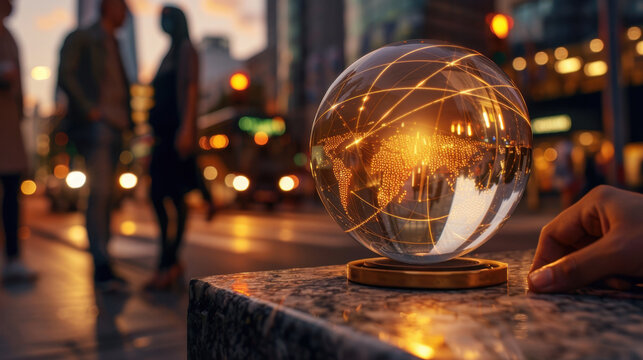Crystal globe with illuminated lines representing global connections sits stone surface, capturing essence of globalization. background features blurred figures of people walking urban setting - Powered by Adobe