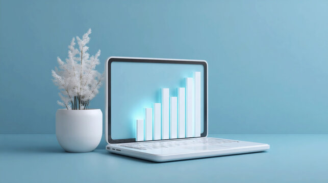 Growth trends represented by a laptop displaying a rising graph alongside a minimalist plant on a blue background Generative AI