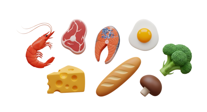 3d icon of assortment of food items isolated on white background