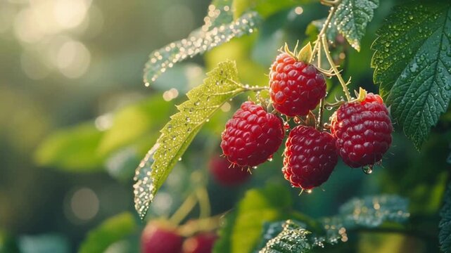 Capture the essence of nature's bounty with this captivating close-up of ripe raspberries, glistening with morning dew, evoking a sense of freshness and natural beauty.