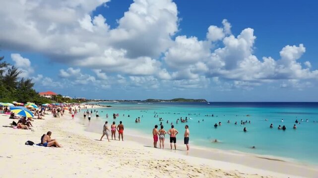 A crowded beach with a light blue ocean under a partly cloudy sky People sunbathe and swim