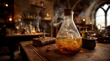A bubbling potion in a medieval chemistry lab