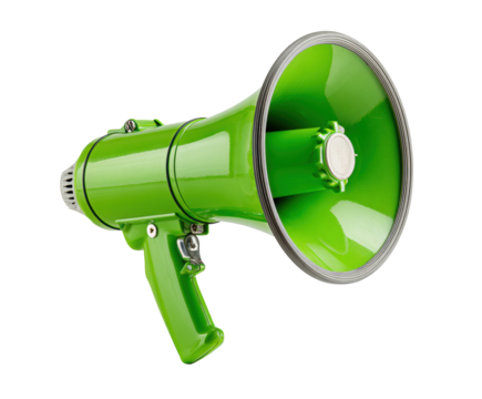 Bright green megaphone for announcements and events use. Cut out, transparent 