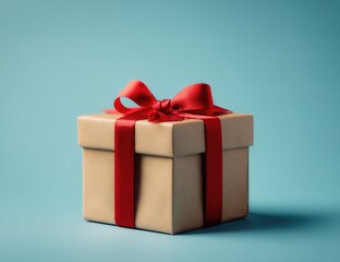 Obraz premium A light beige gift box, adorned with a vibrant red ribbon bow, sits against a pale teal background. Simple, elegant presentation