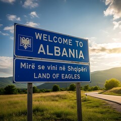 Welcome to Albania, Land of Eagles, Border Sign, Blue Sign, Mountains