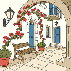 Mediterranean Courtyard Illustration.

