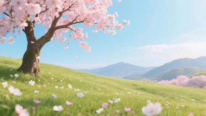 A serene landscape featuring a blossoming cherry tree on a grassy hill under a clear blue sky.