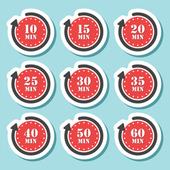 Obraz premium From 10 minutes to 60 minutes on stopwatch sticker icon in flat style. Clock face timer vector illustration on isolated background. Countdown sign business concept.