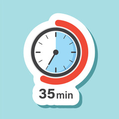 35 minutes on stopwatch sticker icon in flat style. Clock face timer vector illustration on isolated background. Countdown sign business concept.