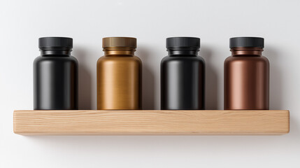 Stylish display of minimalist jars on wooden shelf in modern interior setting Generative AI