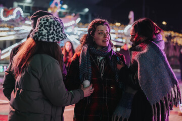 Fototapeta premium A cozy group of friends talking and sharing moments in a vibrant carnival atmosphere.