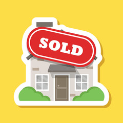 Real estate banner with house sticker icon in flat style. Sale label vector illustration on isolated background. Sold sign business concept.
