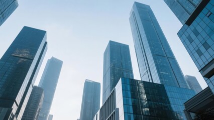 Obraz premium Modern Skyscrapers with Reflective Glass Facades Against a Clear Sky
