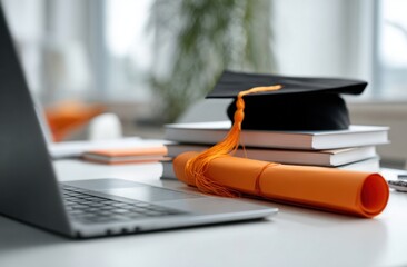 A laptop sits open next to a stack of books, a graduation cap, and a rolled diploma on a desk, indoors.